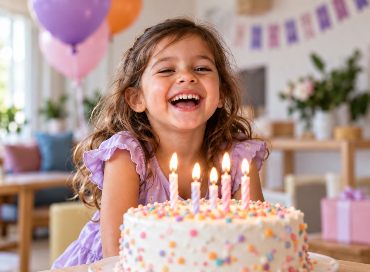 Menina sorrindo ao comemorar o aniversário com bolo e velas